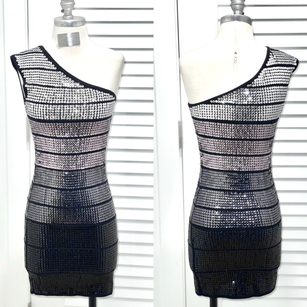 Lulus One Shoulder Ombre Stripe Sequin Dress